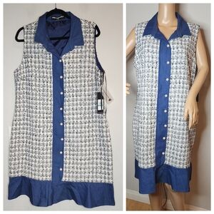 NWT Karl Lagerfeld Tweed Sleeveless Shift Dress Pearl Button Blue White Size 16